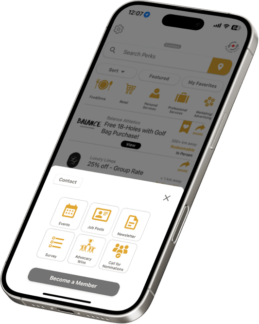 The Chamber Perks app showing one-tap access to events, job posts, newsletters, surveys, advocacy wins, and nominations